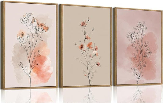 okudolit Boho Vintage Flower Wall Art Set of 3 Minimalist Floral Botanical Prints Rustic Wildflower Wall Decor Beige and Pink Neutral Plant Painting for Living Room Bedroom Office-16x24in