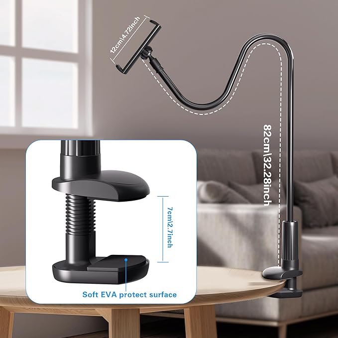 Gooseneck Holder for Kindle Reading in Bed, Hands Free Desk Bedside Lazy Arm Stand for Kindle Accessories, Compatible with iPhone iPad mini