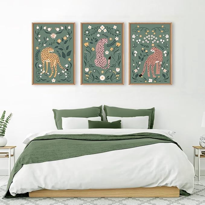 KAIRNE Boho Cheetah Wall Art Set of 3, Floral Leopard with Green Botanical Background, Mid Century Modern Animal Prints for Bedroom, Living Room, Office Decor, Aesthetic Framed Wall Decor, 16x24 Inch