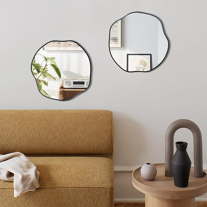 POZINO Irregular Shaped Mirror, 16" Small Asymmetrical Mirrors, Black Scalloped Rounded Mirror, Modern Frameless Abstract Mirrors for Bathroom Living Room Bedroom Entryway Fireplace