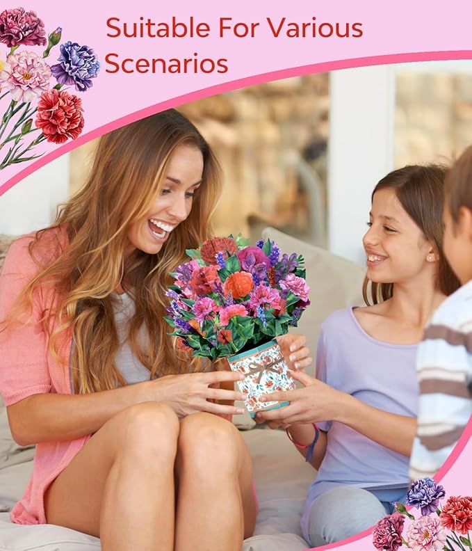 Magic Ants Flower Paper Pop Up Cards - Lily+Tulip+Carnation - Mother's Day, Birthday, Thank You Greeting Cards for Mom - 3D Popup Flower Bouquet Design - Includes Envelop