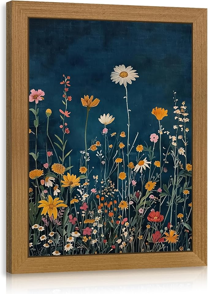 CAZLOUC Vintage Wildflower Wall Art, Colorful Botanical Flower Wall Decor, Rustic Dark Blue Floral Canvas Painting, Classic Minimalist Poster Print for Bedroom Office Wood Framed 8x10 Inch