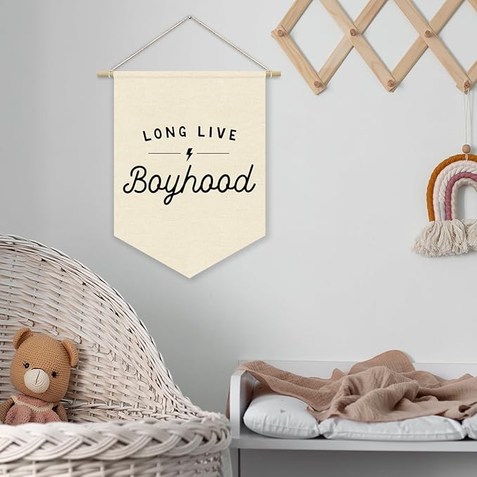 Boys Room Decor, Long Live Boyhood Linen Canvas Banner, Minimalist Boy Nursery Wall Hanging Pennant Flag Banner for Boys Kids Toddler Room Bedroom Playroom Decor, 15x11in