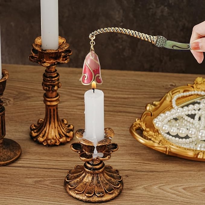 Candle Snuffer Extinguisher with Diamond Decoration Long Handle, Alloy Wick Flame Candle Put Out Tool Safely, Gift for Candle Lovers (Red Green)