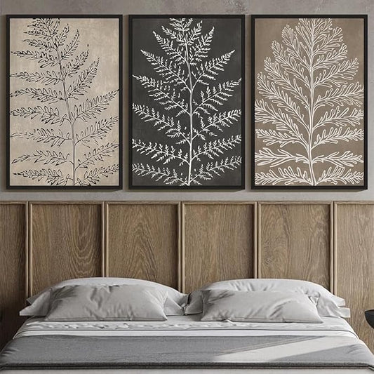 KUVIOKE Vintage Botanical Framed Wall Art Bohemian Tan Plant Leaf Wall Decor Nature Fern Plant Silhouette Wall Painting Home Decor 24x36in (Black Framed)
