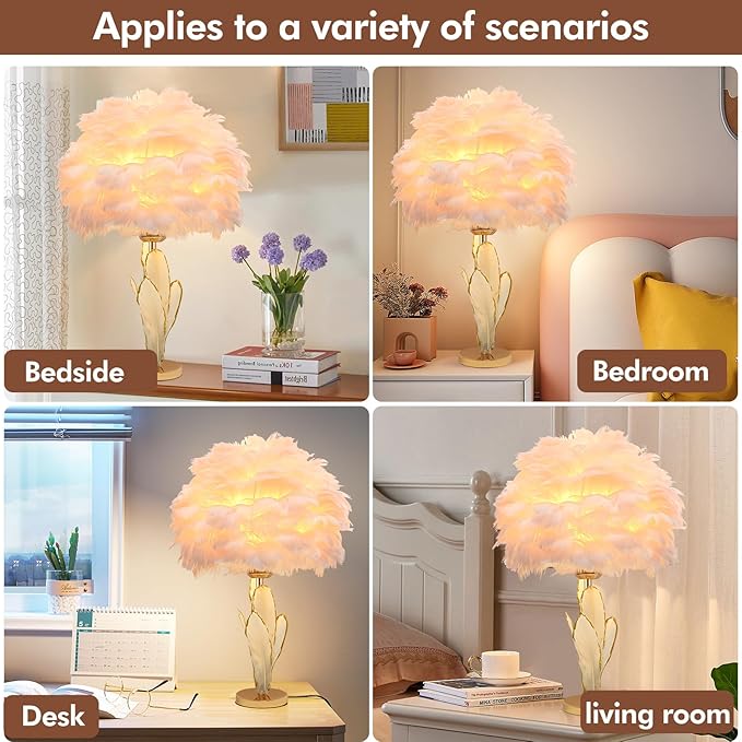Pink Feather Lamp Goose Furry Table Lamp Princess Modern Fluffy Pink Desk Lamp Romantic Bedside Nightstand Light for Girl Bedroom Wedding Decor Living Room Entryway Christmas Gift