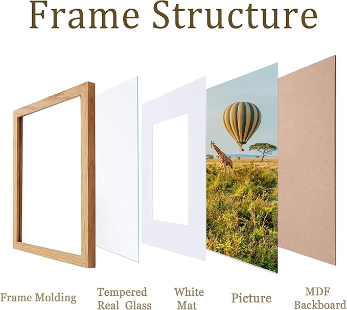 5x7 Natural picture frame with mat 4x6 set of 4, Modern Style Wood Composite frames-Tempered Glass Table or wall-horizontal or vertical frames best gift home decor