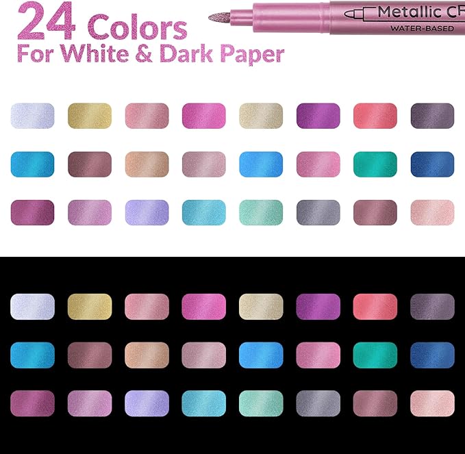 24 Colors Metallic Paint Markers, Acrylic Paint Pens for Rock Painting, Glass, Wood, Fabric, Black Paper, Cards, Scrapbook,DIY Art Crafts (1mm)