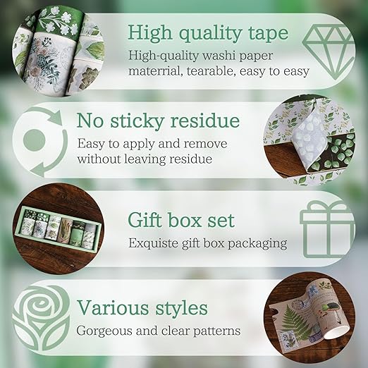 18 Rolls Vintage Washi Tape Set, Mushroom Flower Plants Decorative Tape, 5/10/15/20/25/30/50/75mm Wide Adhesive Tape for Bullet Journaling, DIY Crafts, Scrapbooking Supplies (Green)