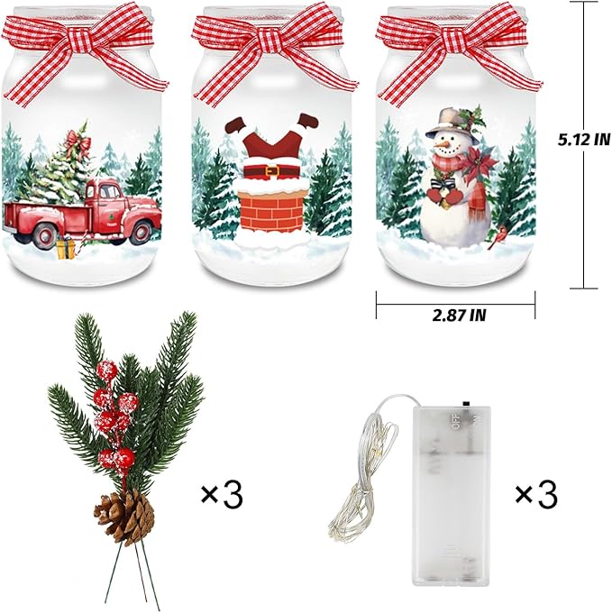3 Pack Christmas Decorations Mason Jar with Lights for Christmas Table Centerpiece, Lighted Glass Bottles with Artificial Pine Picks Christmas Centerpieces Decor