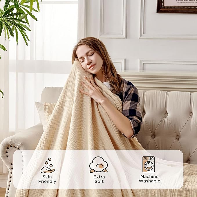 Joydeco 100% Cotton Muslin Throw Blanket for Couch Bed and Sofa, 4-Layer Lightweight and Breathable Soft Gauze Blanket for All Season, Luxury Throws Cotton Blanket Gift(Light Tan, 90"x90")