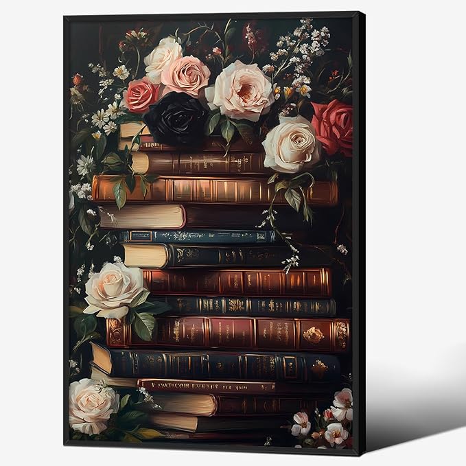 Dark Academia Book Canvas Posters Moody Botanical Floral Wall Art Vintage Antique Victorian Aesthetic Oil Painting 16X24 inch Black Framed for Gallery Library Wall Decor