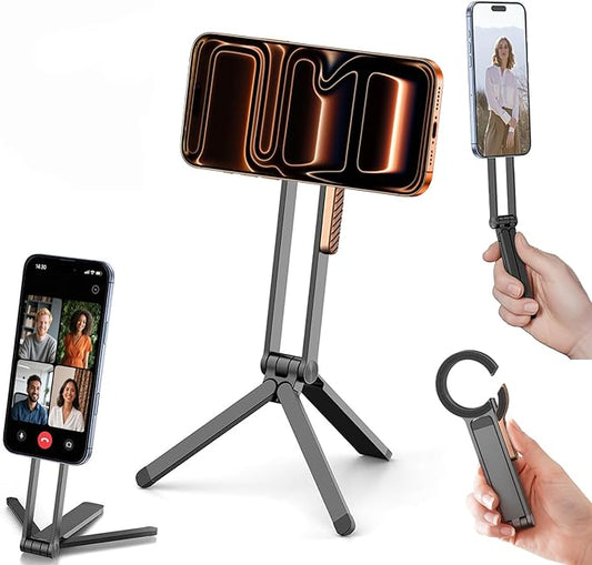Magnetic Phone Tripod, Aluminum Alloy Mini Foldable Tripod for Cell Phone, Travel Essential Adjustable Phone Stand for Desk/Handheld, Compatible with iPhone 17/16/15/14/13/12 Series, Black
