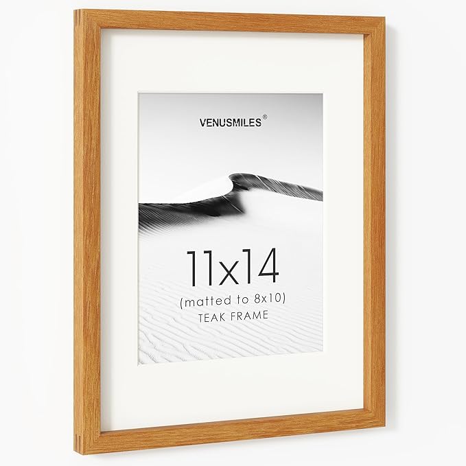 11x14 Picture Frame, USA-Sourced Natural Teak Wood Photo Collage Frame with HD Tempered Glass, Modern Simple 11 x 14 Wooden Frame Matted to 8x10, Vertical & Horizontal Wall Hanging Display