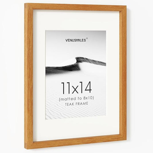 11x14 Picture Frame, USA-Sourced Natural Teak Wood Photo Collage Frame with HD Tempered Glass, Modern Simple 11 x 14 Wooden Frame Matted to 8x10, Vertical & Horizontal Wall Hanging Display
