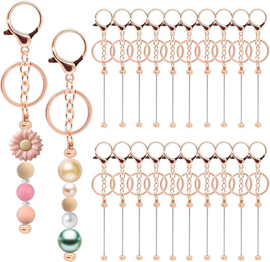 Eikovia 20 Pcs Keychain Making Kit,DIY Beadable Keychains Bulk Kit,Keychain Making Supplies for Crafts, Jewelry, Charms, DIY Projects, Blank Chain Beaded Keychains Design for Women Man,Rose Gold