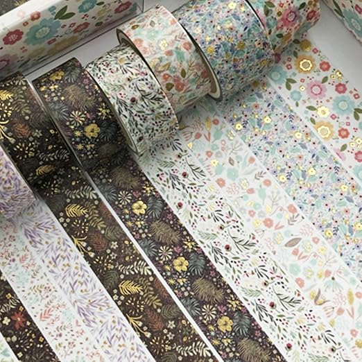 YUBX Creative Washi Tape Set 10 Rolls Gold Foil Print Decorative Masking Tapes for Arts, DIY Crafts, Journals, Planners, Scrapbook, Wrapping (Garden Maze)