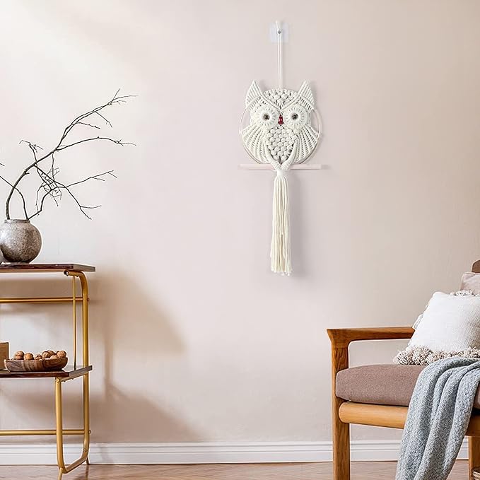 MVSUTA Owl Ivory Cotton Handmade Macrame Wall Hanging Tapestry Home Decor Art and Beige Craft Wonderful Decoration Woven Boho Ornament for Office Bedroom Apartment Living Cream Nursery Gallery,1pc