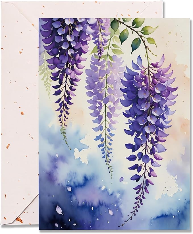 5x7 Inch Blank Inside Greeting Card with Envelope, Watercolor Wisteria Greeting Card for All Occasion – Birthday, Sympathy, Thank You - Single Card