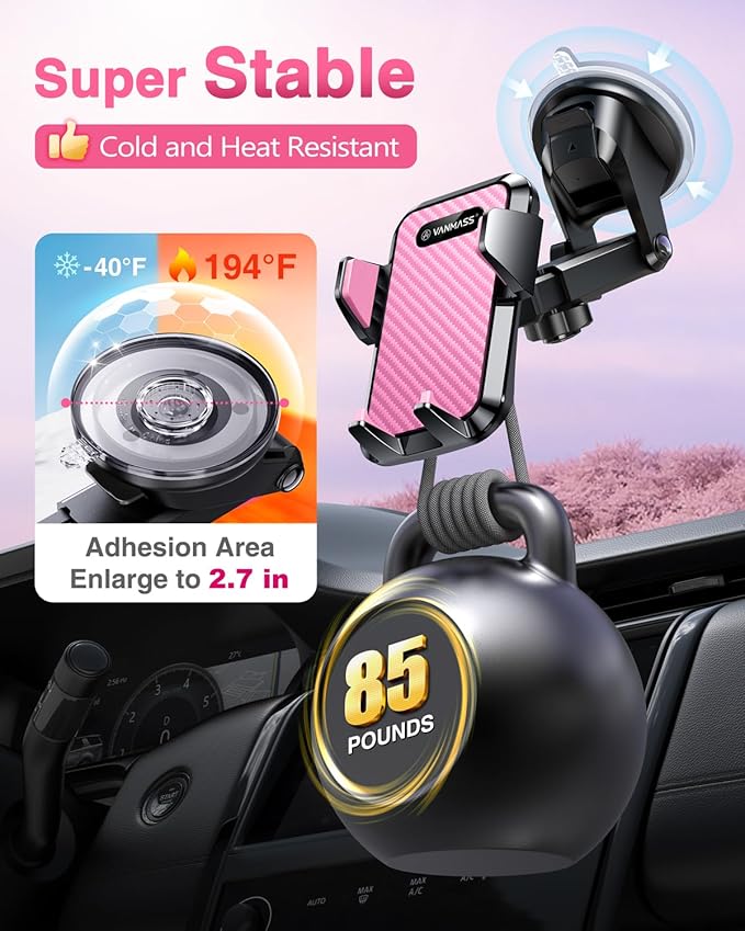 VANMASS 【85+LBS Strongest Suction & Military-Grade 2025 Ultimate Car Phone Mount【Patent & Safety Certs】 Cell Phone Holder Truck for Dashboard Windshield Vent for iPhone 17 Pro Max 16 15 Samsung, Pink