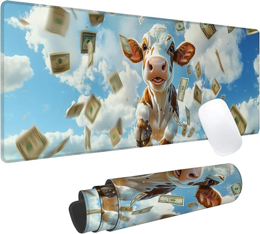 Funny Cow Gaming Mouse Pad, Office Desk Mat, Anti-Slip Rubber Base Cool Aesthetic Mouse Pads for Computer Laptop Keyboard School Home Desktop Gamer Farm Home Accessories Decor 31.5" x 11.8"