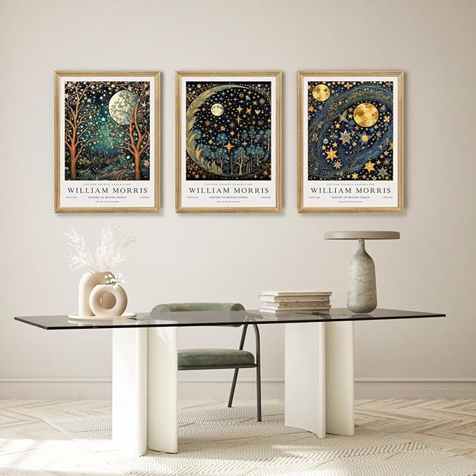 Hianan William Morris Canvas Wall Art, Vintage Gold Moon Stars Poster Prints, Many Dreamlike Stars Wall Decor, Retro Botanical Aesthetic Picture for Bedroom Living Room Office Wood Framed 12"x16"x3