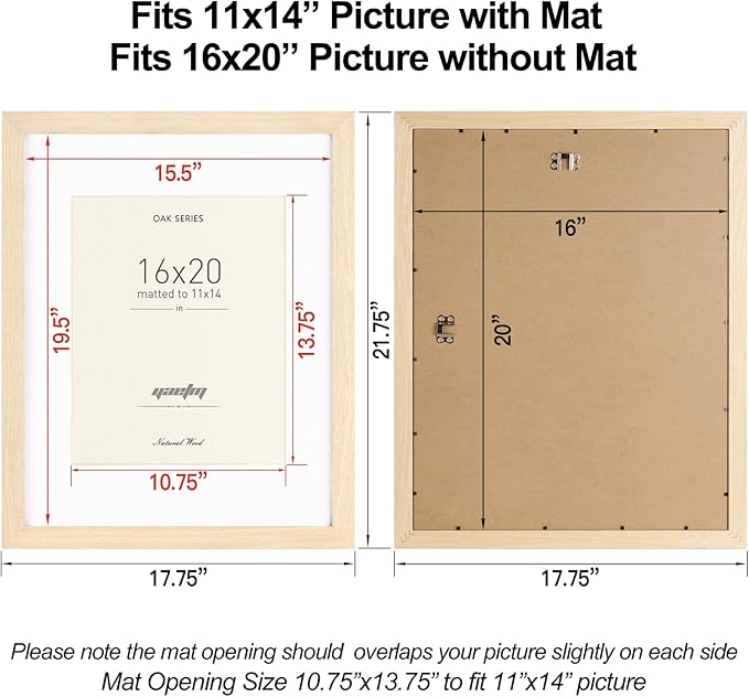 Yaetm Oak Wood 16x20 Frame with Mat for 11x14 Set of 3, Natural Solid Wood 16x20 Picture Frame, Wide Molding, Wall Decor for Office, Gallery & Home (3 pack, Oak)