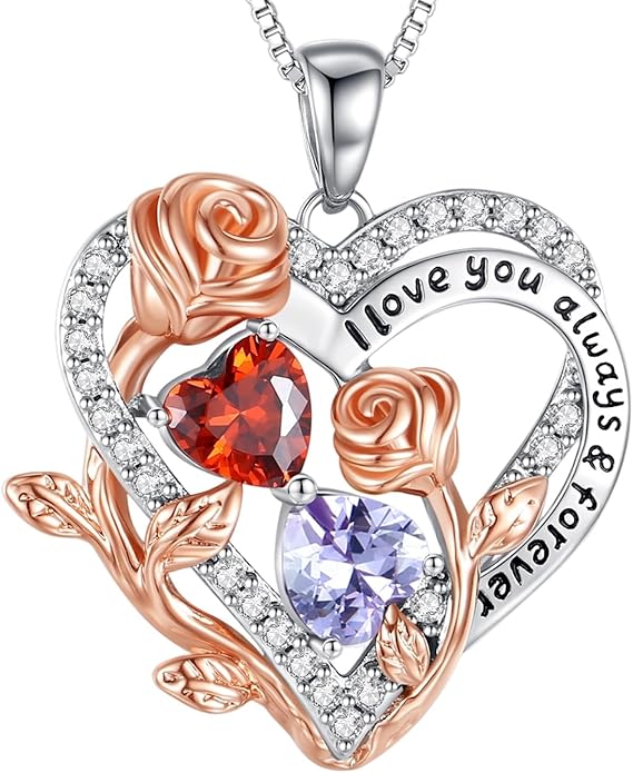 I Love You Birthstone Necklace, 925 Sterling Silver Heart Pendant with CZ Diamond Stones, Birthday Gifts for Women, Romantic Gift for Wife, Girlfriend, Her, Anniversary, Valentine's Day, Christmas