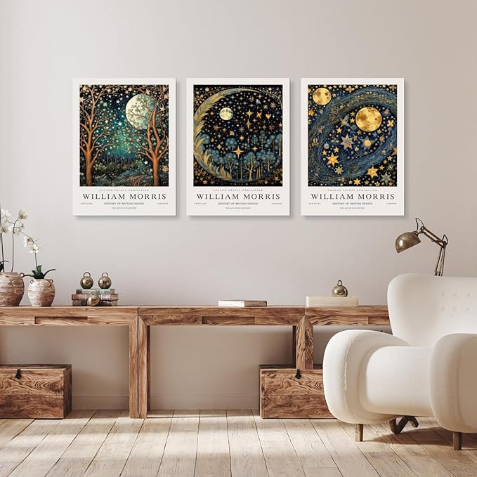 Hianan William Morris Framed Canvas Wall Art, Vintage Gold Moon Stars Poster Prints, Many Dreamlike Stars Wall Decor, Retro Botanical Aesthetic Picture for Bedroom Living Room Office 12"x16"x3