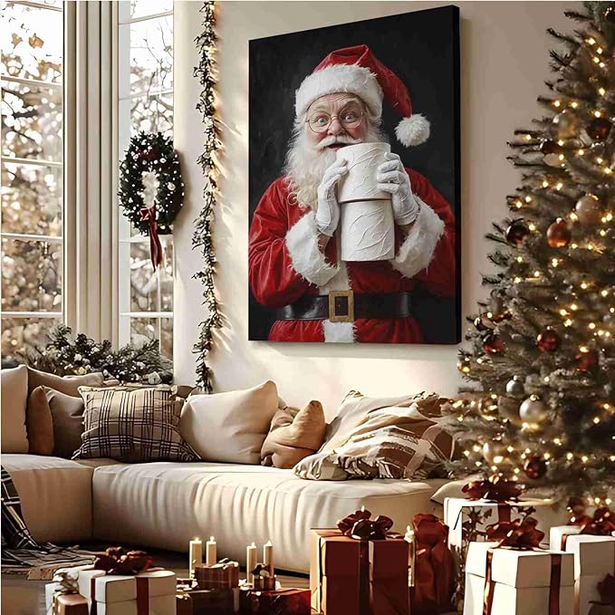 Santa Claus Canvas Print Santa with Toilet Paper Humorous Holiday Poster Holiday Evergreen Art Rural Art print Christmas Bathroom Canvas Painting Indoor Decor for Home Bathroom Framed Ready to Hang