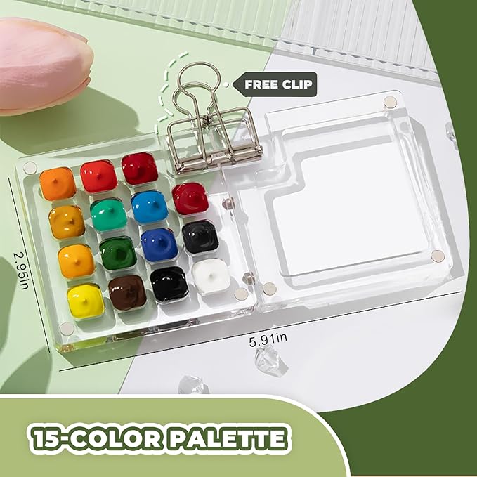 Mini Portable Watercolor Palette Set-Grid Paint Box with Binder Clips Include 24 Colors Paint - Brush*3 and Picture Album Art Materials Coloring Markers (Yellow Wood-L)