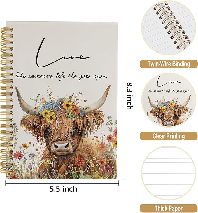 Inspirational Positive Cow Journal Notebook - Rustic Sunflower Western Cow Notebooks College Ruled for Work School, Gifts for Farmer, Office Supplies, Hardcover Spiral Notebook 5.5"x8.3"