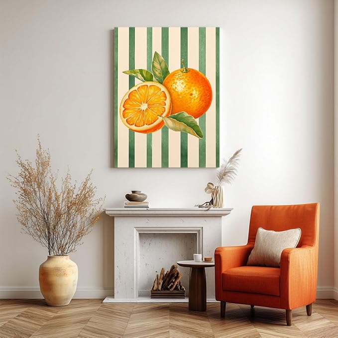 Orange Citrus Watercolor Wall Art – Fresh Fruit Botanical Print – Modern Kitchen Decor with Green Stripes – Summer Fruit Illustration Canvas Poster 12x16inch-Framed