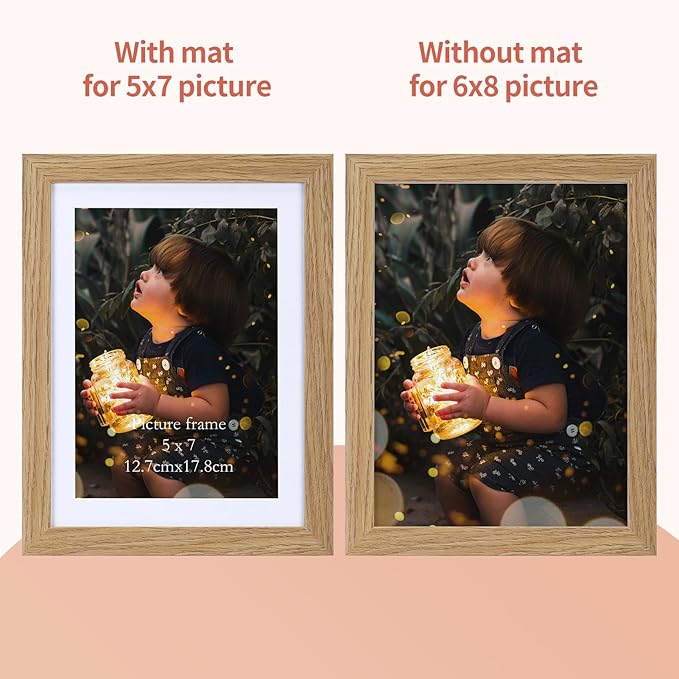 Lyeasw 5x7 Picture Frame 15 Pack, Display Pictures 5x7 with Mat or 6x8 without Mat, Natural Wood Color Bulk Photo Frames for Wall or Tabletop