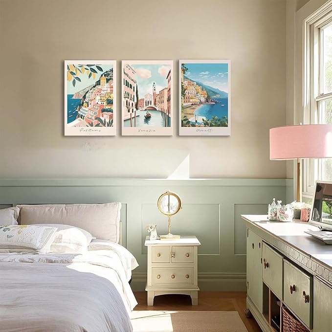 XLARTMY Italy Amalfi Coast Travel Posters Wall Art Framed Canvas Decor City Landscape Blue Venice Coast Painting Beach Modern Artwork for Living Room Bedroom Bathroom Office Set of 3 16x24in