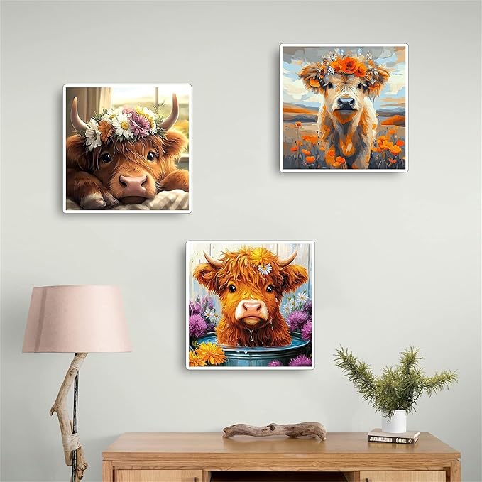 Jiqinsiye 3 Pcs Wooden Framed Calf Paint by Number for Adults,DIY Cow Painting Kits for Adult,Color by Numbers Acrylic,Paint by Number Canvas Crafts Watercolor for Beginner Home Decor (Cattle)
