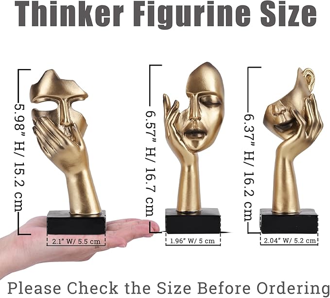 oliruim 3 Pcs Thinker Small Statue Set - Black Gold Home Decor Abstract Art Figurines for Shelves, Living Room Coffee Table, Office Desktop (3 Pcs Gold, 6")