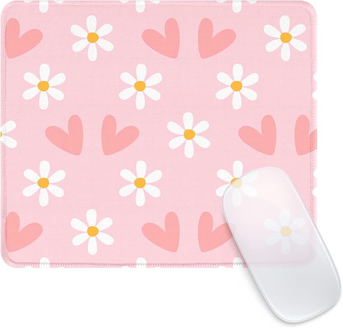 Seorsok Square Mouse Pad Cute Pink Heart and Flower,Office Home Personalized Premium-Textured Mouse Mat Design,Waterproof Mousepad,Non-Slip Rubber Base Computer Mouse Pads for Wireless Mouse