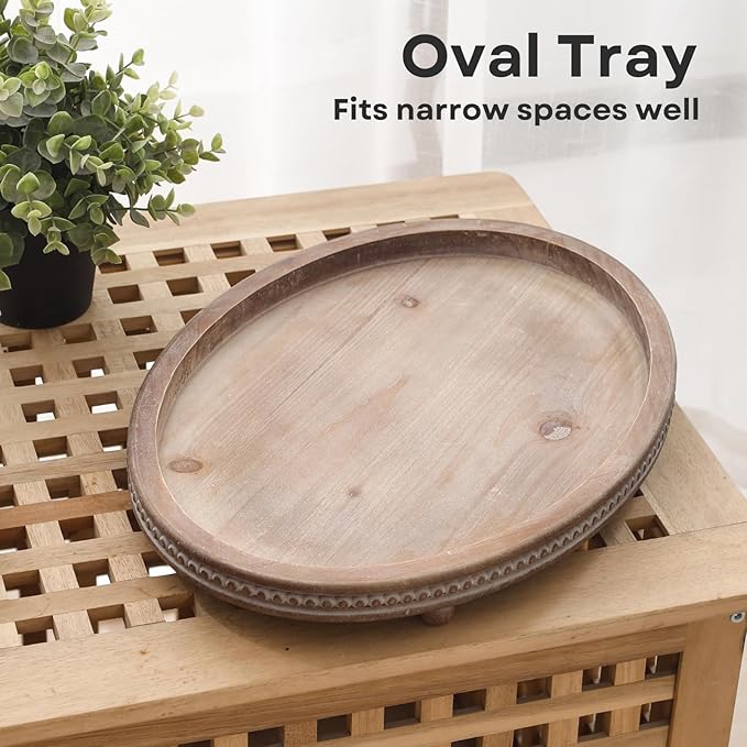 Decorative Tray, Oval Wooden Tray for Coffee Table Decor Kitchen Dinning Table Entryway, Small Beaded Tray for Holidays, Distressed Brown