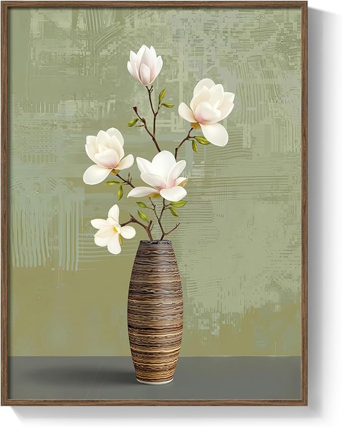 Framed Bathroom Floral Picture Wall Decor, Rustic Botanical Canvas Painting Print for Farmhouse Bathroom, Neutral Elegant Magnolia Green and White Flower Artwork for Bedroom Kitchen Home Decor, 12x16