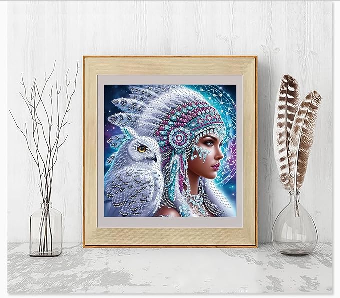 Acelii 5D Diamond Art Kits for Adults Beginners,Indian Young Woman and Owl DIY Full Round Drill Diamond Painting Kits,Rose Paint by Diamonds Dots Gem Art Easy,Home Wall Decor 14X14 Inch