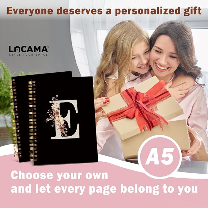 Lacama Black Initial Letter E School Notebook Journal, Cute Wildflower Personalized Spiral Notebook, School Supplies, Customized Monogrammed Gifts, Birthday Gifts for Women, Office Supplies