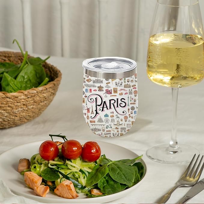 France Paris Travel Souvenir Wine Tumbler 12 oz Insulated Wine Glass Cup with Lid Straw Vacuum Insulated Travel Cup,Travel Weekender Gifts for Women Men Bestie Sister Girl Camping Christmas Birthday