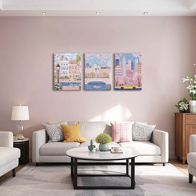 XLARTMY Watercolor City Landscape Travel Wall Art Canvas Framed Pink Cherry Flower Poster Girly Prints Painting Pictures Set of 3 for Bedroom Living Room Office 12x16in