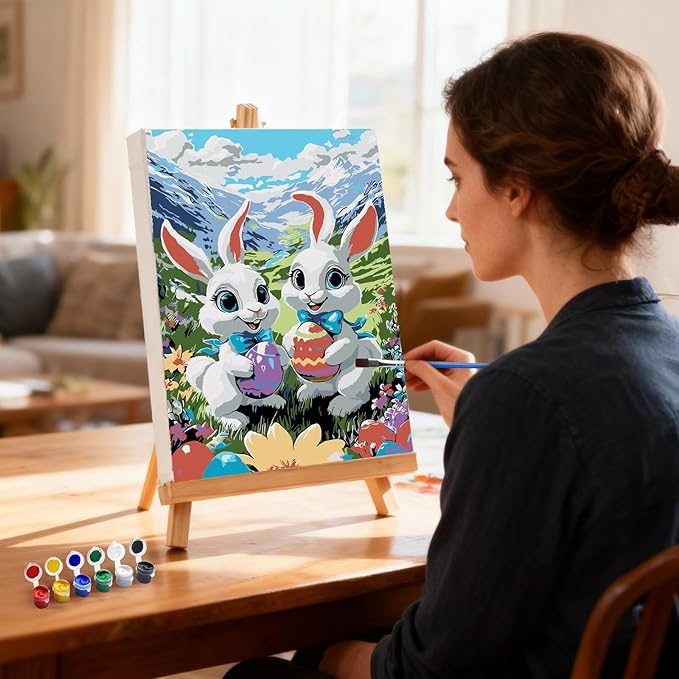 MXJSUA Easter Framed Paint by Numbers for Adults Beginners, Easy Adults' Paint-by-Number Kits on Canvas with Easel, White Bunnies Acrylic Number Painting Crafts Kits Gifts for Home Decor, 8x12inch