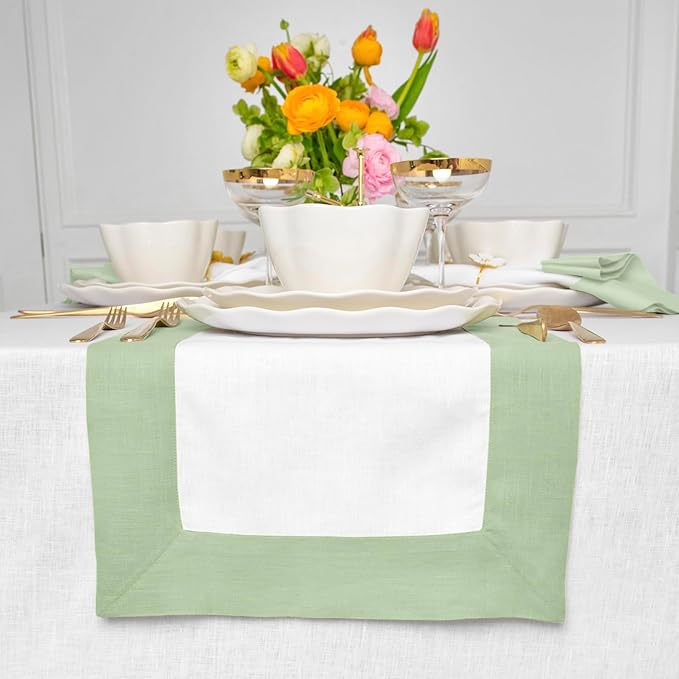 Solino Home Linen Table Runner 48 Inches - 100% Pure Linen Light Green and White Table Runner 14 x 48 Inch Ideal for Dresser and Coffee Tables, Spring, St Patricks Day, Easter - Contempo