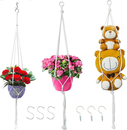 Macrame Plant Hangers Planter Flower Pots Holder 3 Pack Basket Stand Tassels with 6 Hooks Kit Cotton Rope for Decorative Indoor Outdoor Patio Garden Boho Home Décor (POTS NOT Included) (WHITE)