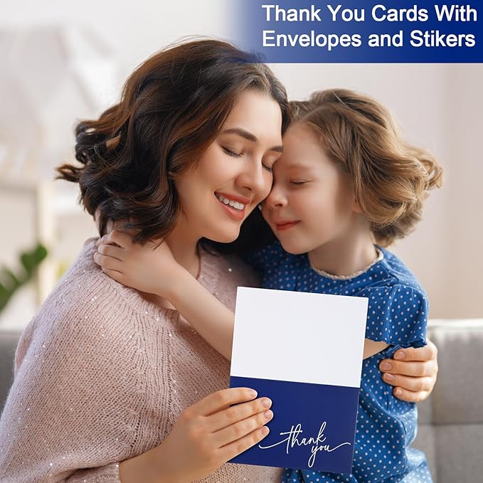 Gueevin 200 Pcs Thank You Cards with Kraft Envelopes and Stickers Bulk, 3.5 x 5 Inch Classy Blank Thank You Notes for Wedding, Business, Graduation, Baby Shower, Bridal Shower, Funeral(Navy Blue)