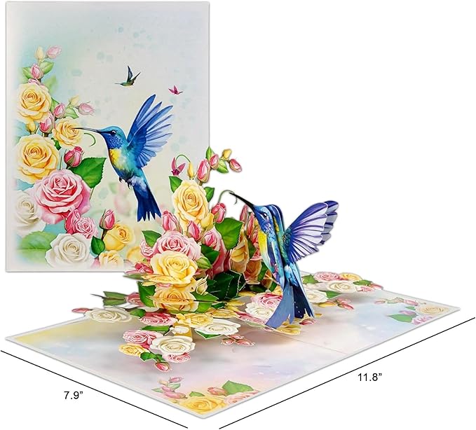 Greeting Card Blue Hummingbird with Roses 3D Pop-Up Cards Handmade Birthday Flower Gift for Women, Mom, Wife, Men 6x8 Inches Aniversary Wedding Christmas Gifts Floral
