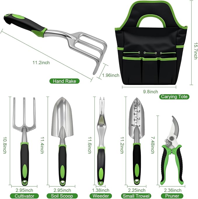 Gardening Tool Set, 11-Piece Outdoor Gardening Tools, Indoor Mini Gardening Planting Set Suitable for Women, Seniors, and Left-Handed Users with Green Non-Slip Handles. (Gray)